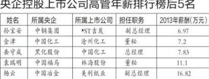 央企控股上市公司高管年薪后5名。